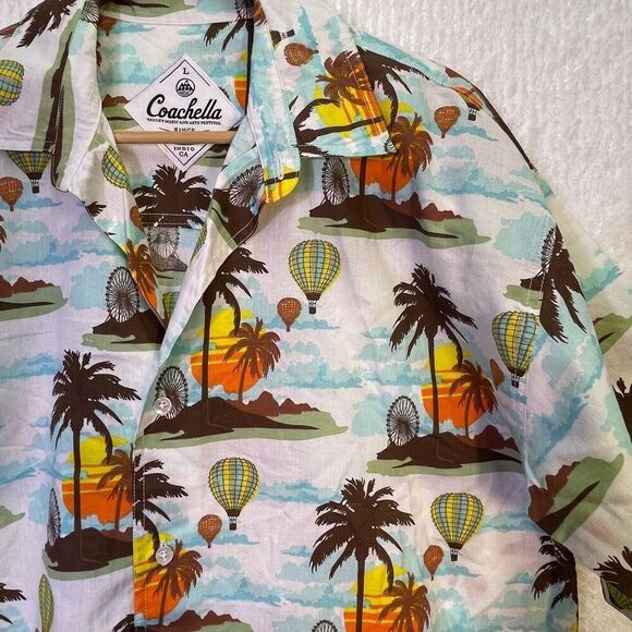 Coachella Music Festival Multicolor Hot Air Balloon Cotton Button Up Shirt Large - Picture 2 of 8